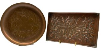 Keswick School of Industrial Art rectangular copper tray embossed with stylised flowers 19cm x 12cm