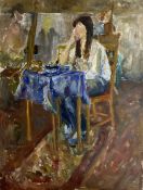 Circle of Ken Howard (British 1932-): Woman Seated at Dining Table