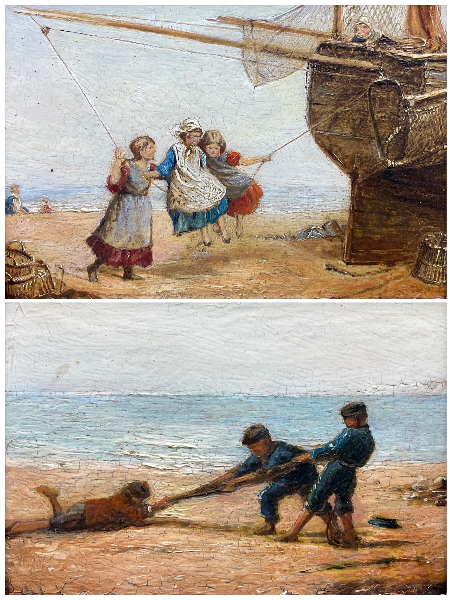 English School (Mid 19th century): Sailor Boys Playing Tug-of-War on the Beach and Girls Swinging