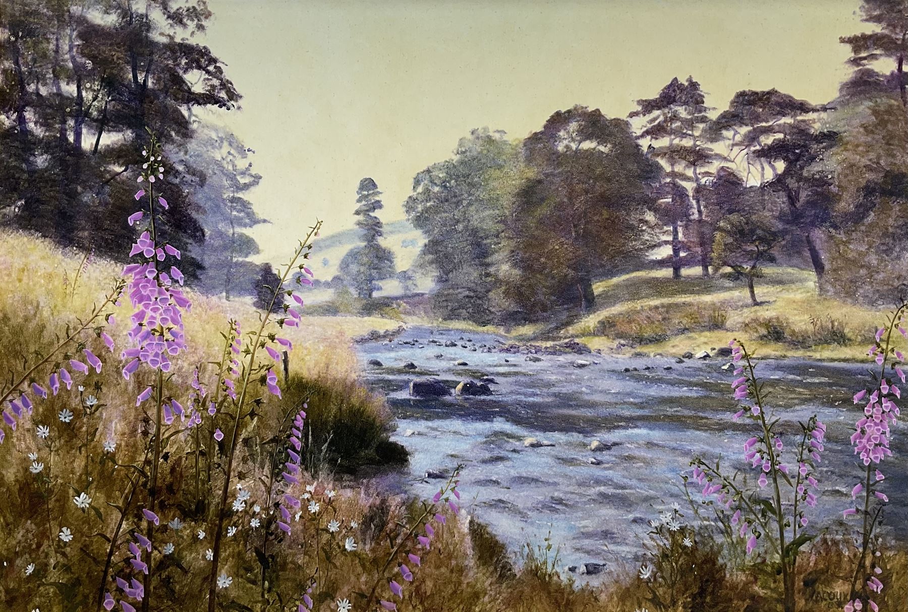 John Lacoux (British 1930-2008): Foxgloves and River Landscape in the Lake District