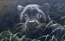 Alan M Hunt (British 1947-): Black Panther Hiding in Grass