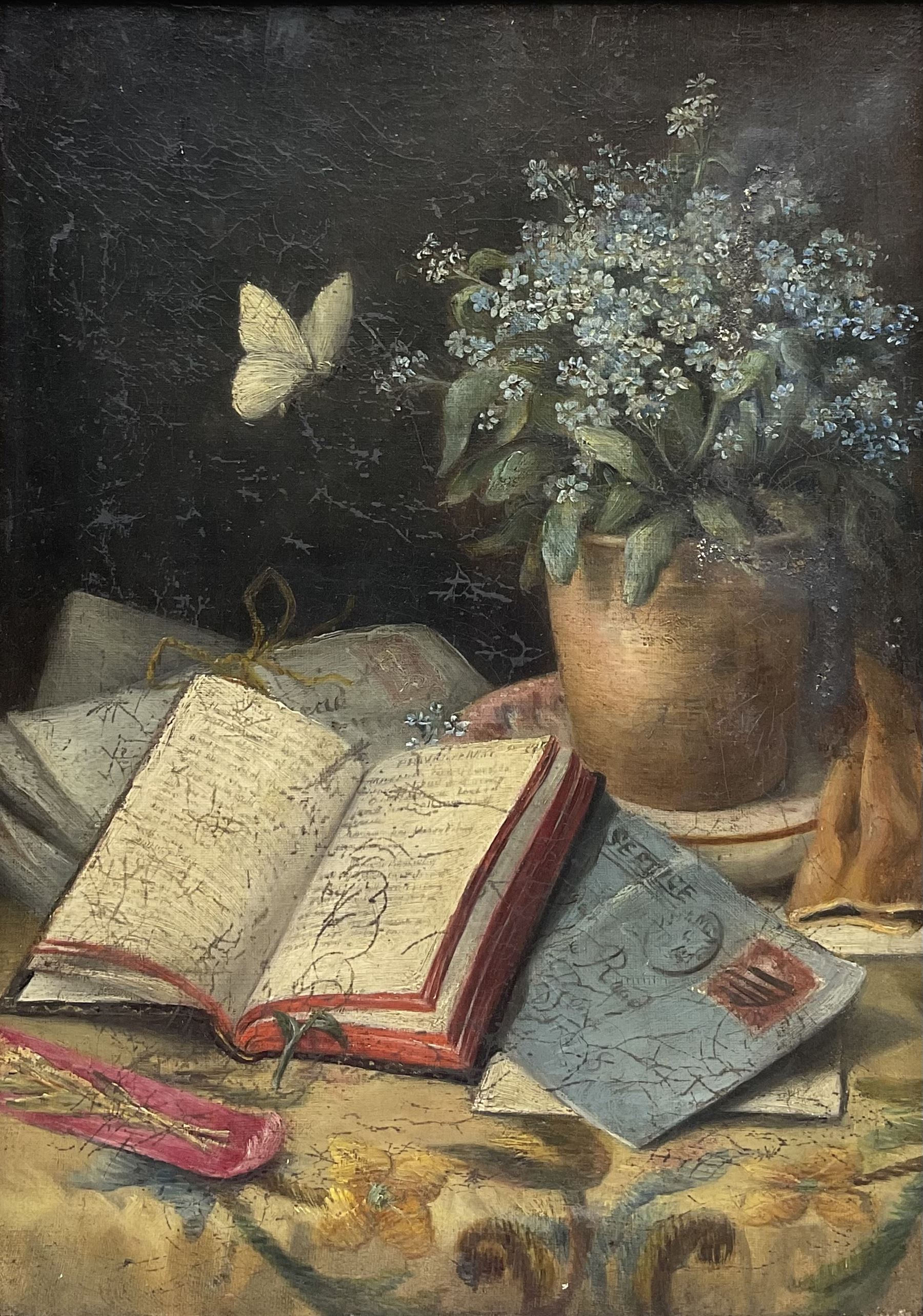 English School (19th century): Still Life with Forget-Me-Nots and Letters