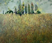 P Kent (British contemporary): Meadow with Poppies and Cypress Trees