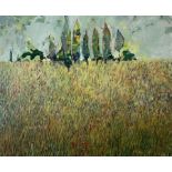 P Kent (British contemporary): Meadow with Poppies and Cypress Trees