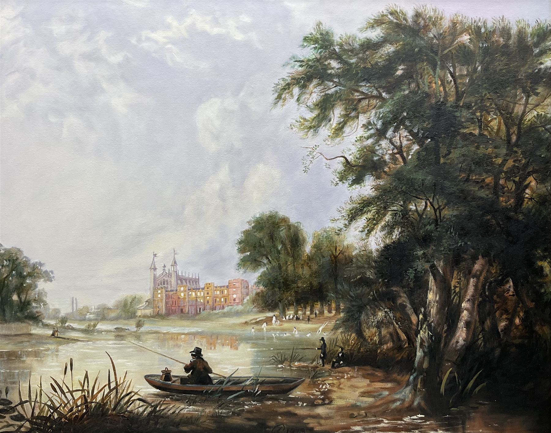 After Thomas Creswick (British 1811-1869): 'Fishing on the River Thames Near Eton College'