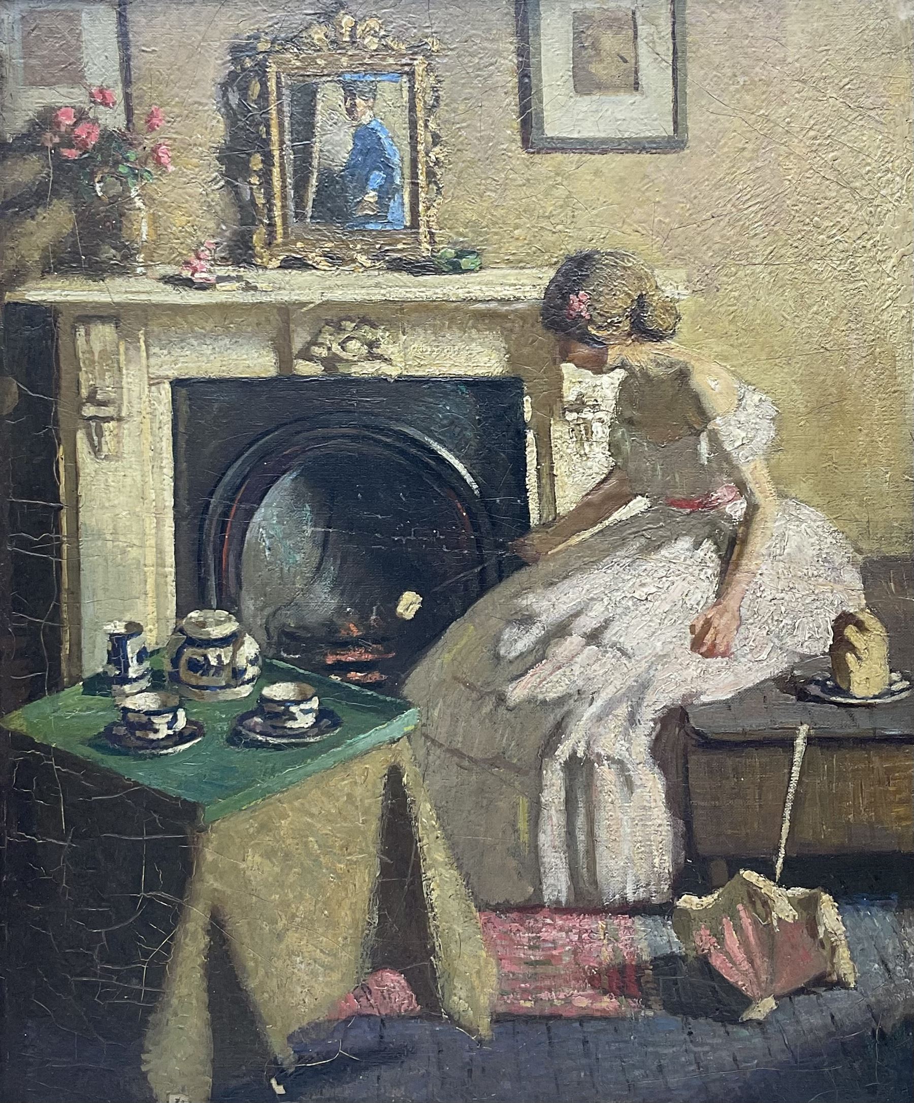 Sydney Noël Simmons (British 1880-1916): An Interior Scene with Girl Toasting Bread