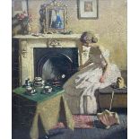 Sydney Noël Simmons (British 1880-1916): An Interior Scene with Girl Toasting Bread