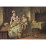 Circle of Bernard de Hoog (Dutch 1867-1943): Mother and Children in Interior Cottage Scene