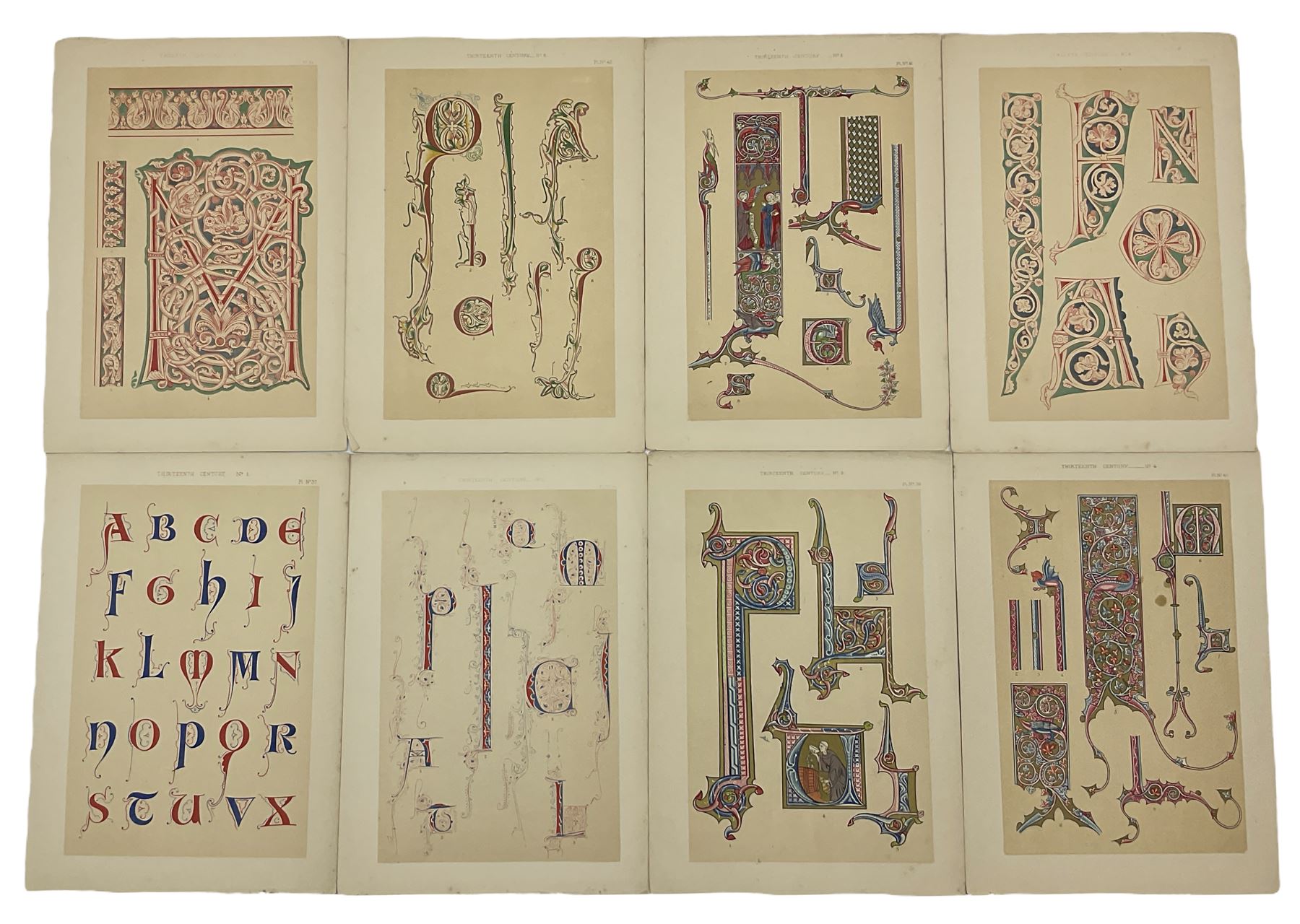 Large collection hand coloured plates detailing manuscript illumination and decoration from the eigh