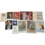 Collection early 20th century fashion plates and Art Deco advertisements including 1930s Guerlain Pa