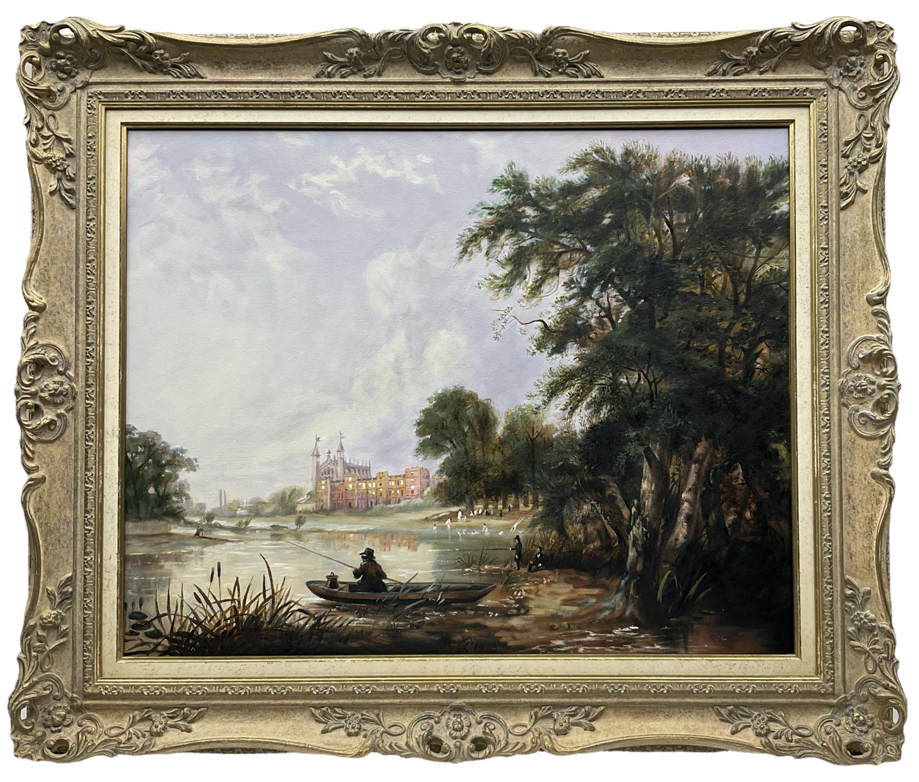 After Thomas Creswick (British 1811-1869): 'Fishing on the River Thames Near Eton College' - Image 2 of 2