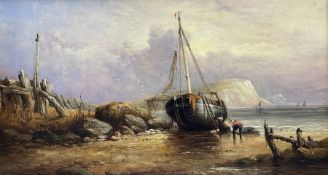 Circle of Edwin Hayes (British 1819-1904): Fisherman with Beached Ship and White Cliffs