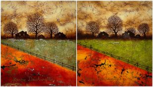Kerry Darlington (Welsh 1974-): Autumnal Cottages and Trees in Gold and Orange
