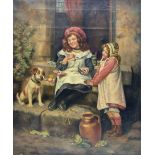 English Naive/Primitive School (19th century): Children and Dog on Cottage Steps