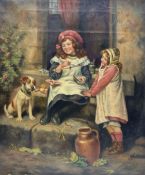 English Naive/Primitive School (19th century): Children and Dog on Cottage Steps