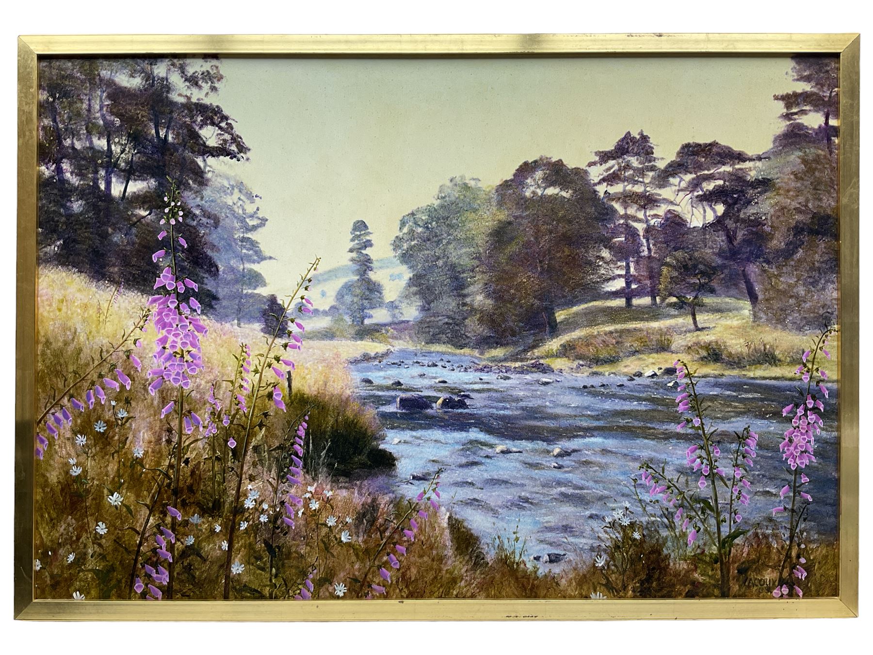 John Lacoux (British 1930-2008): Foxgloves and River Landscape in the Lake District - Image 2 of 3