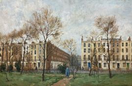 John Alford (British 1929-1960): A Walk in the Park near London Georgian Terraces