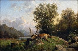 Johannes Bertholom�us Duntze (German 1823-1895): 'Landscape with Stag'