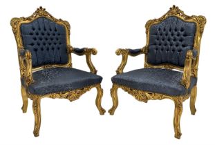 Pair French style gilt wood armchairs