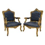 Pair French style gilt wood armchairs