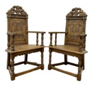 Pair 17th century style oak armchairs