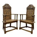 Pair 17th century style oak armchairs