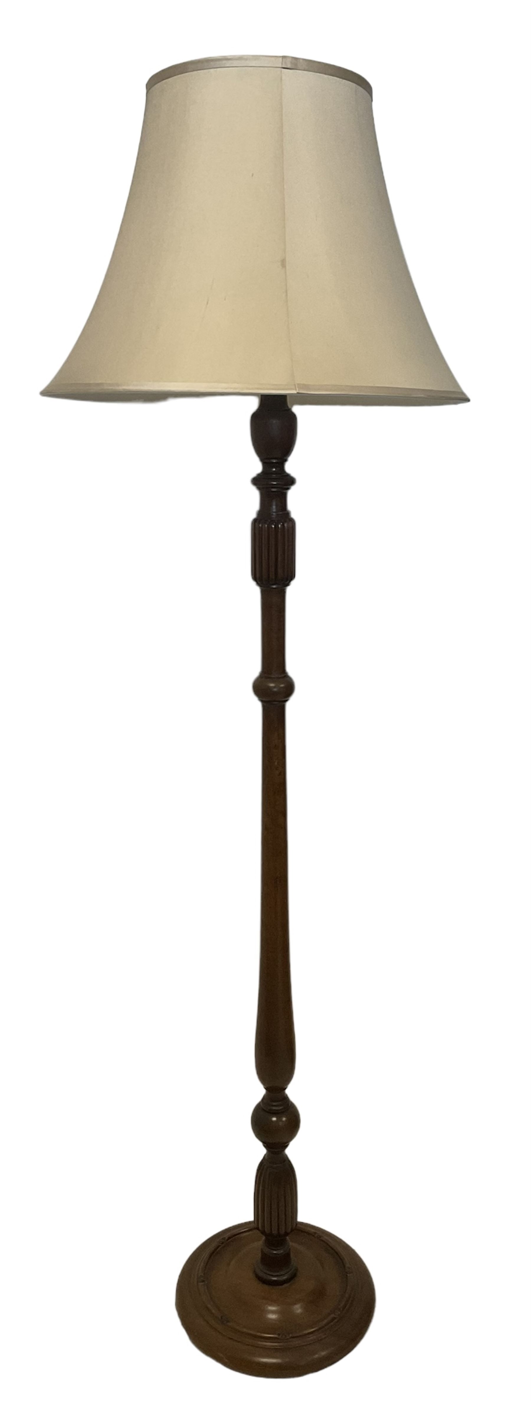 Turned mahogany standard lamp with shade