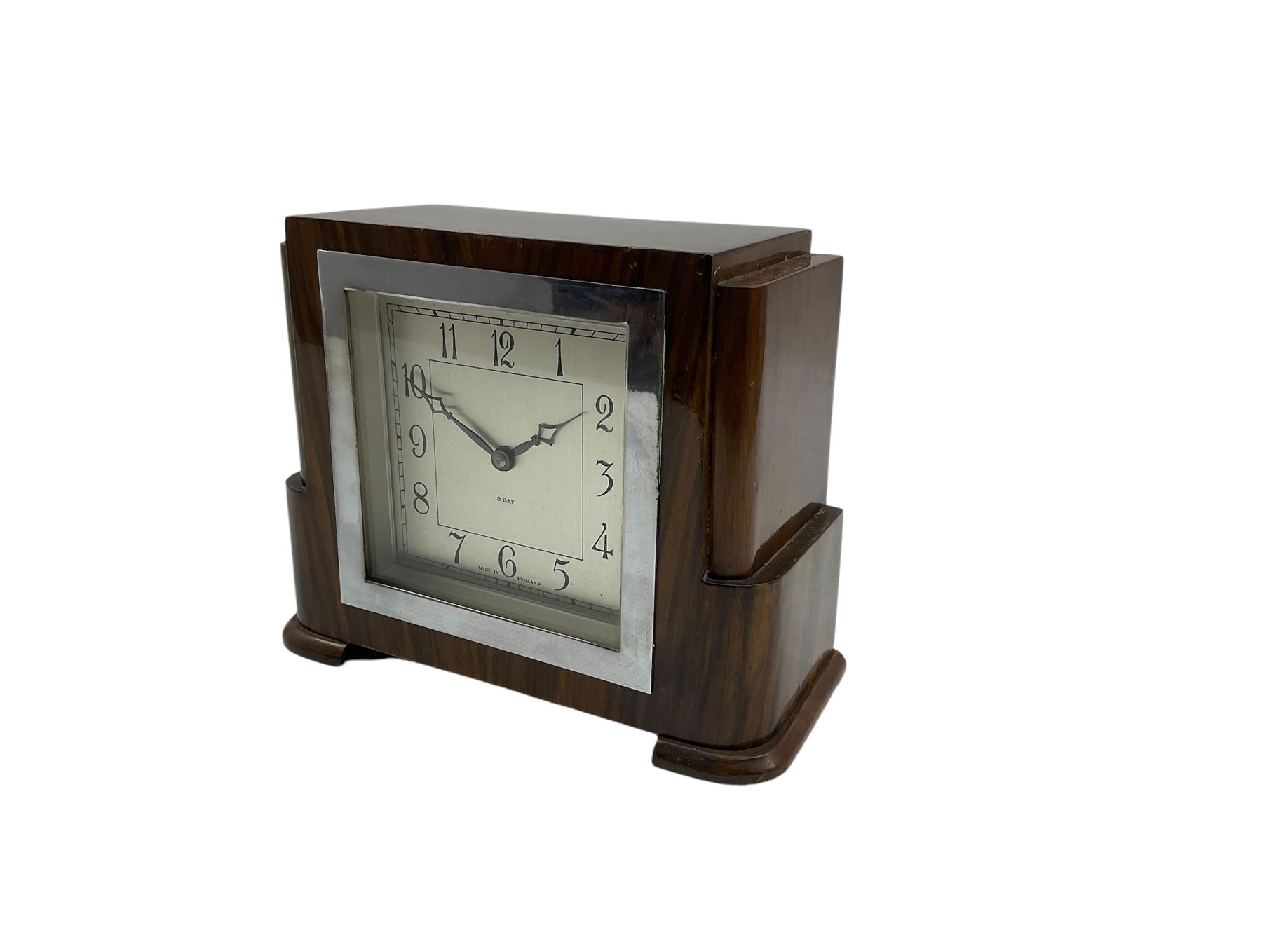 English walnut cased 8-day mantle clock with a square chrome bezel - Bild 2 aus 3