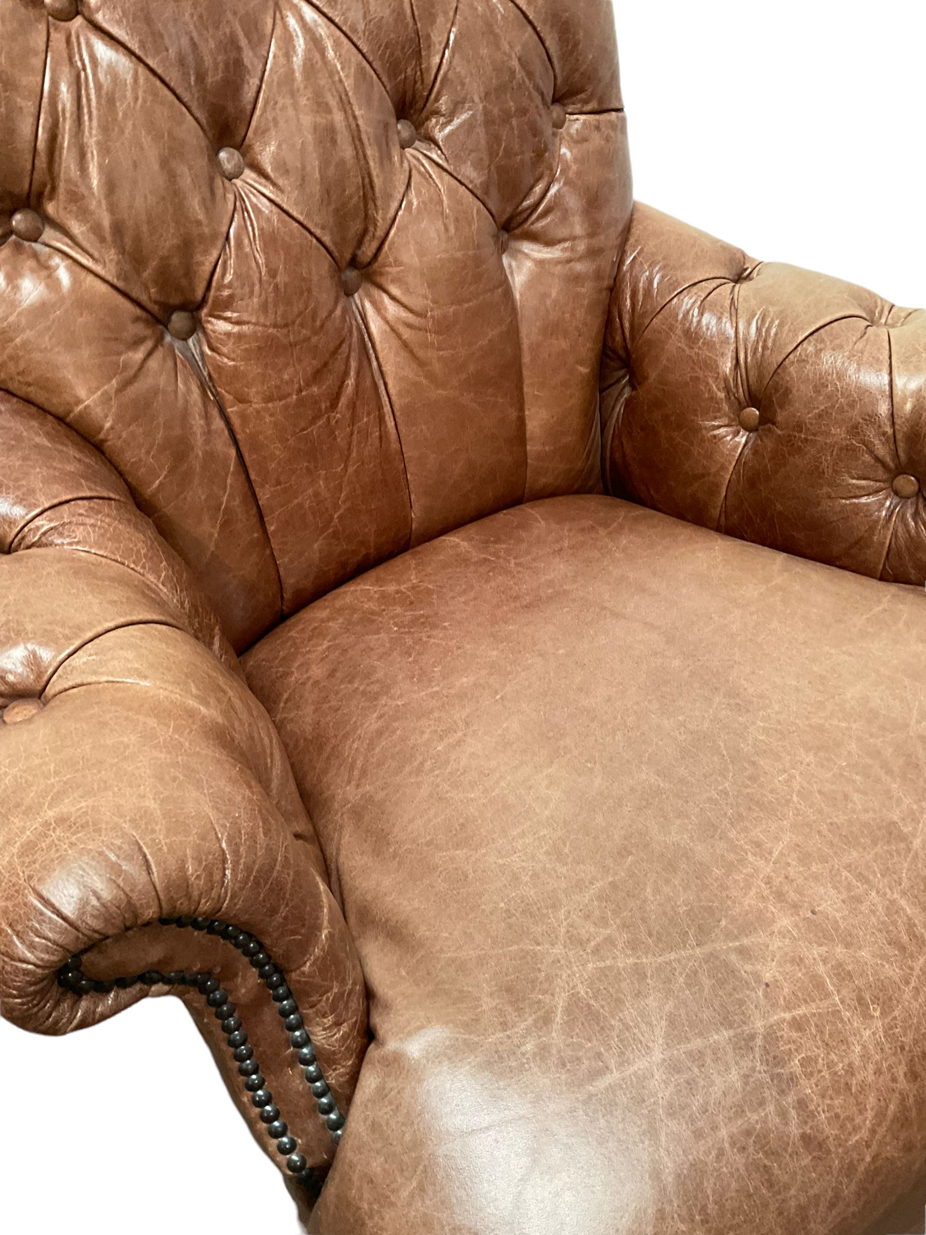 Tetrad - tub shaped armchair upholstered in buttoned tan leather - Image 2 of 3
