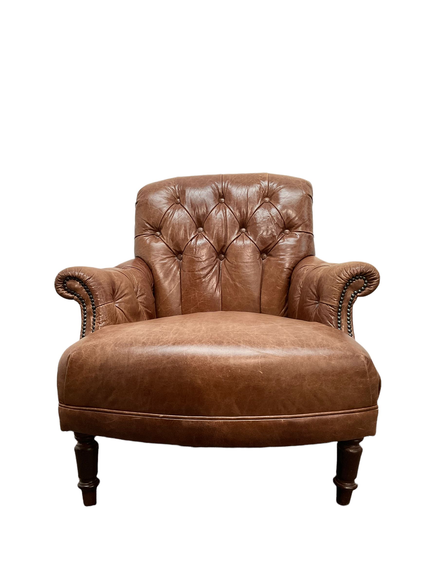 Tetrad - tub shaped armchair upholstered in buttoned tan leather - Image 3 of 3