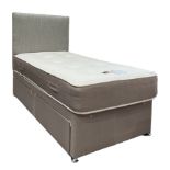 3' single divan bed with grey fabric headboard over single mattress and two drawers
