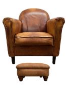 Club chair armchair upholstered in tan leather