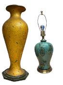 Blue and green lamp with paisley and leaf design H74cm; large gilt vase (2)