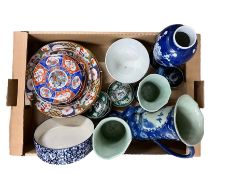 Quantity of Imari plates together with three blue and white Chinese jugs