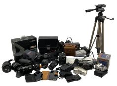 Quantity of cameras and equipment including; Olympus OM-1 SLR in leather case