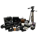 Quantity of cameras and equipment including; Olympus OM-1 SLR in leather case