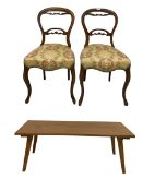 Pair of Victorian balloon back chairs with oak coffee table