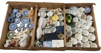 Quantity of blue and green jasperware together with quantity of china cups and other porcelain in tw