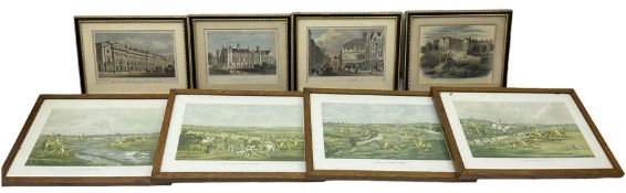 Four 19th century engravings with hand colouring of London scenes together with four Snaffles prints