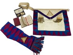 Masonic silver gilt medal with ribbon in case together with masonic leather apron and sash