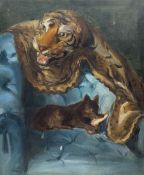 English Naive School (mid 20th century): Dog on an Armchair with Tiger Rug