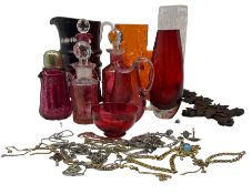 Quantity of cranberry glass including jug with stopper