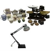 Quantity of commemorative mugs and metal ware together with two sets of kitchen scales and angle poi