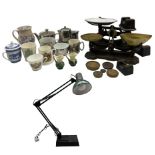 Quantity of commemorative mugs and metal ware together with two sets of kitchen scales and angle poi