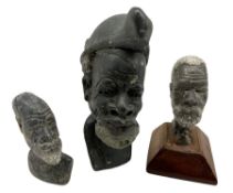 Set three African (possibly Zimbabwean) soapstone busts of bearded gentlemen max H15cm (3)