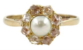 9ct gold pearl and rose cut diamond cluster ring