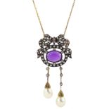 Oval cabochon amethyst diamond and pearl bow top pendant