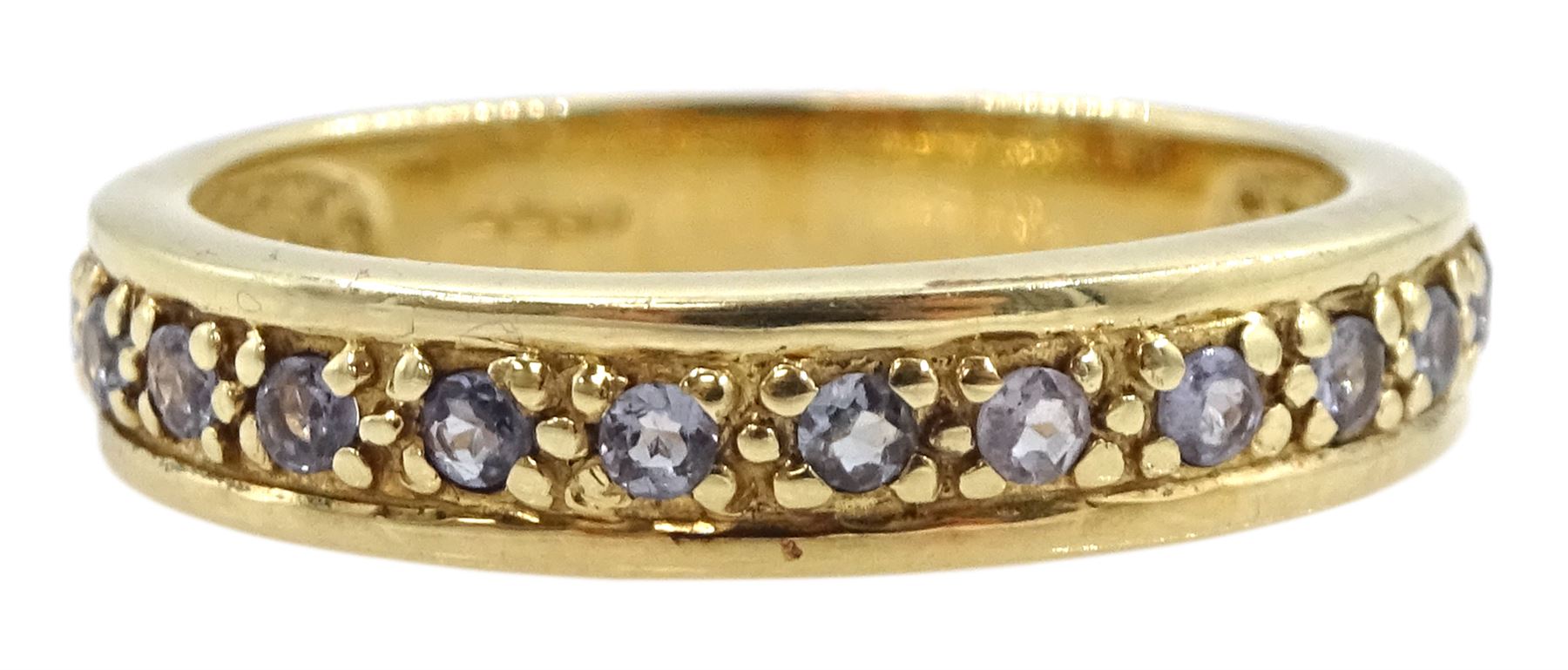 9ct gold channel set round aquamarine half eternity ring