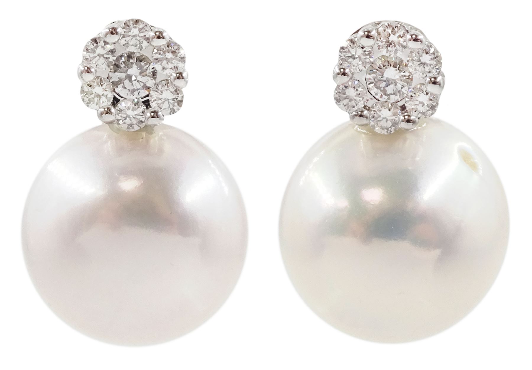 Pair of 18ct white gold cultured pearl and round brilliant cut diamond cluster stud earrings