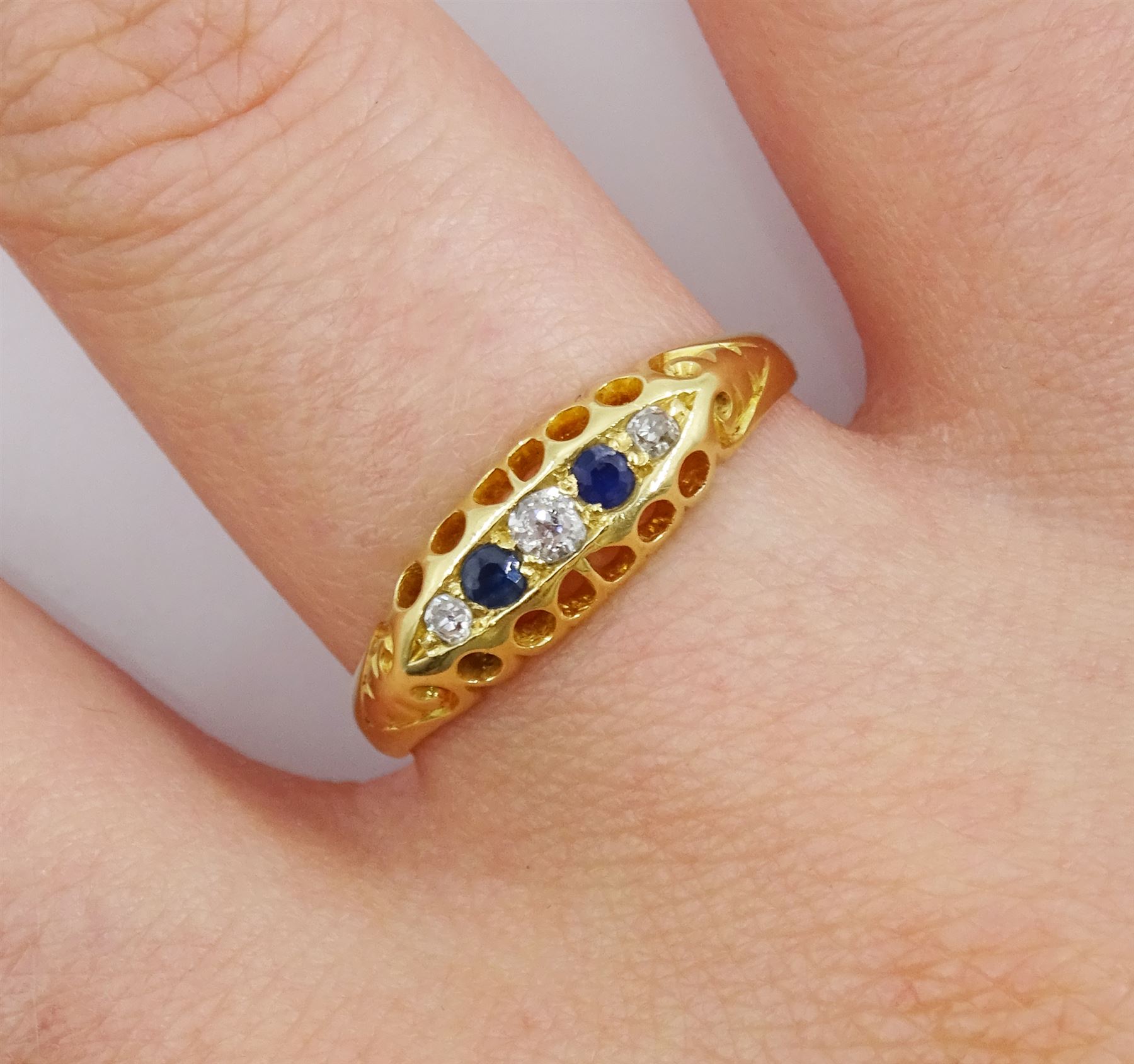 Early 20th century 18ct gold five stone old cut diamond and sapphire ring - Image 2 of 4
